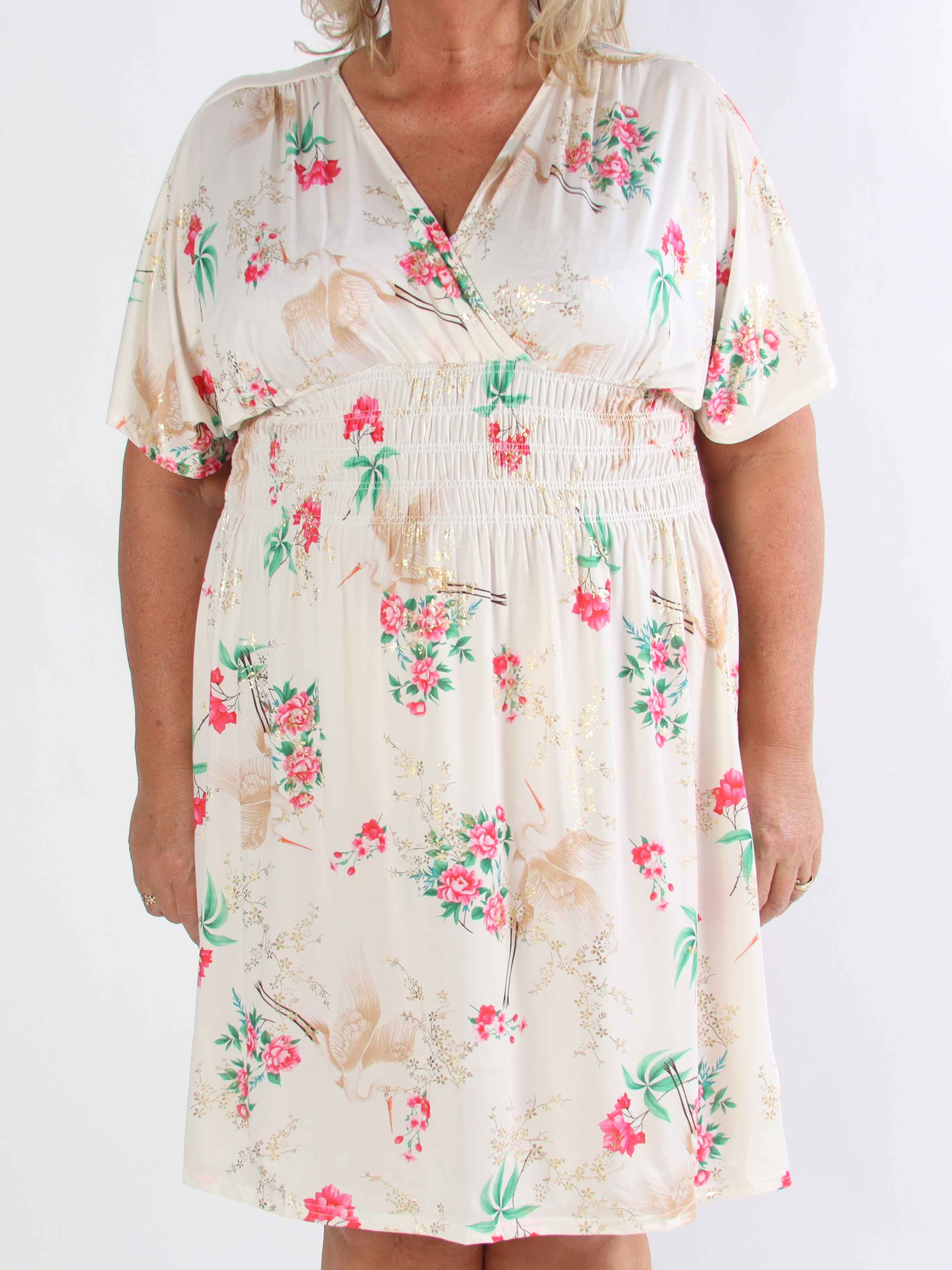 Pams Fly Short - Elastisk plus size kjole med blomster- og fugleprint